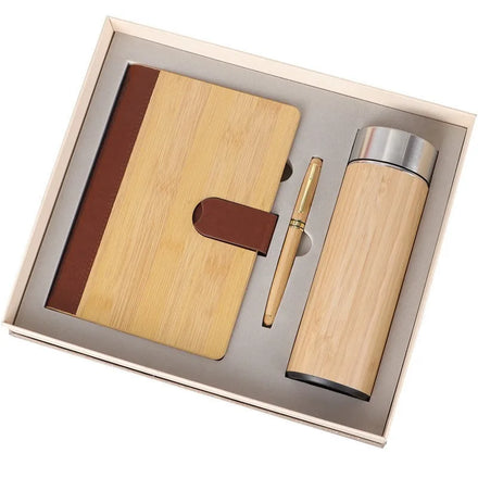 Customized Business Gift Set Bamboo Wood Thermos Cup Notebook Pen for Annual Meetings Company Commemorations