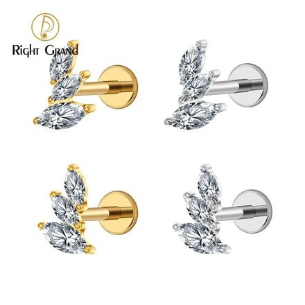 ASTM F136 Titanium 16G Internal Thread Cluster Marquise CZ Tragus Helix Stud Leaf Climber Flat Back Labret Stud Nose Piercing