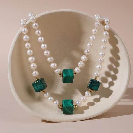 Fashion Vintage Nature Square Shape Maindstone Malachite and Freshwater Pearl Double Layer Design Beaded Necklace for Party
