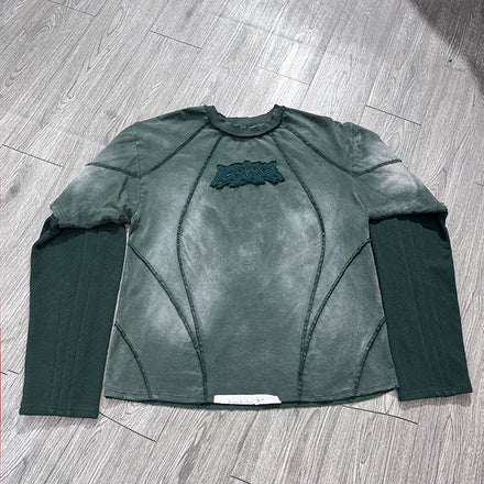 Custom Vintage Sun Faded Sweatsuit Applique Embroidery Distressed Sweatsuit Unisex Streetwear Long Sleeve t Shirt Manufacturer
