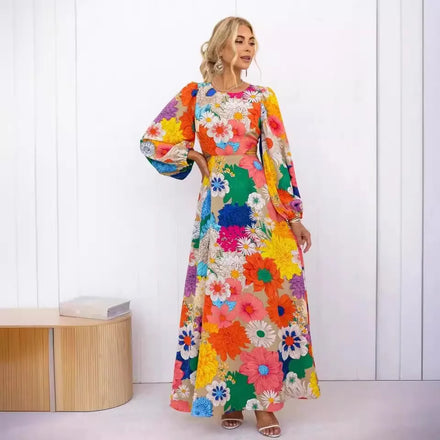 New Autumn and Winter Fashion Printed Round Neck Lantern Sleeve Long Waist-Contracted Dress Woman Clothes Long Dresses Women