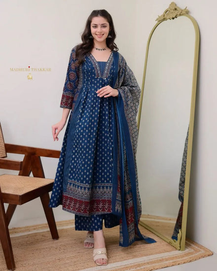 New Special Fancy Design Mal Cotton Kurti Plazo With Handwork Neck Dupatta Set