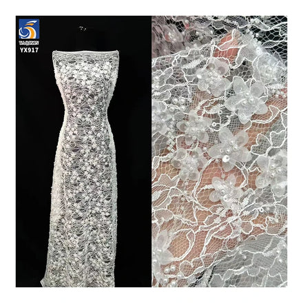 YX917 Heavy Embroidery 3D Rose Flowers Water-Soluble Lace Fabric Wedding White Eyelash Lace Fabric With 3D Pearl Sequins
