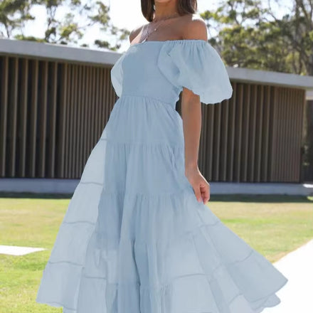 Summer Ladies Dress New Arrival Hot-Selling Off-the-Shoulder Printed Puff Skirt Bubble Sleeve Fashion Clothing Manufacturer
