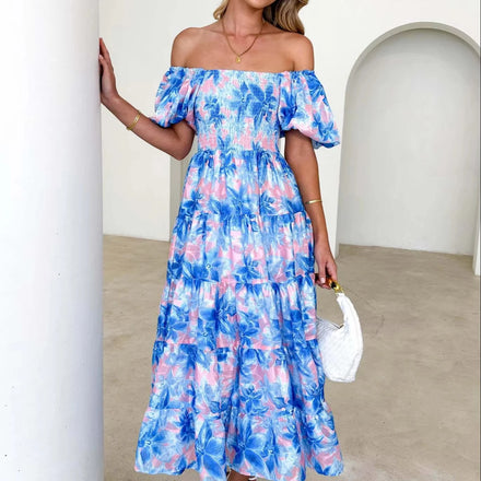 Autumn Summer Hot-Selling Vintage Romantic Off-the-Shoulder Printed Puff Skirt Sleeveless Dress Women's Elegance Apparel