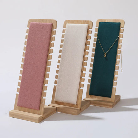 Custom Logo Novelty Wooden Necklace Stand Bust Pendant Bracelet Jewelry Display Stand Wood Leather Surface