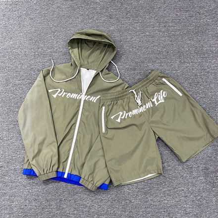 Custom logo Two Piece Short Set Streetwear Windbreaker Tracksuit Nylon Tracksuit Screen Print Zip up SportsTracksuit