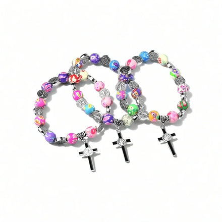 Catholic Communion Rosary Soft Pottery Cross Beads Colorful Jesus Pendant Bracelet for Baptism Prayers Religious Church Parties