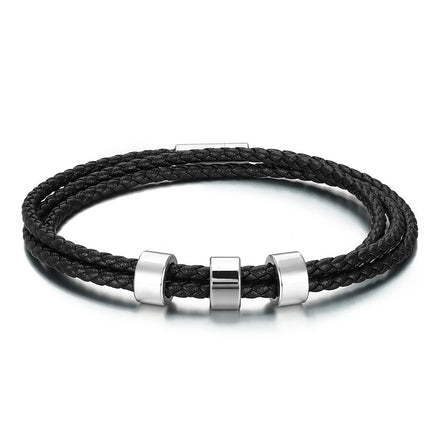 Men's Braided Multi-layer Stainless Steel Leather Bracelet Beads DIY Letter Engrave Bracelet