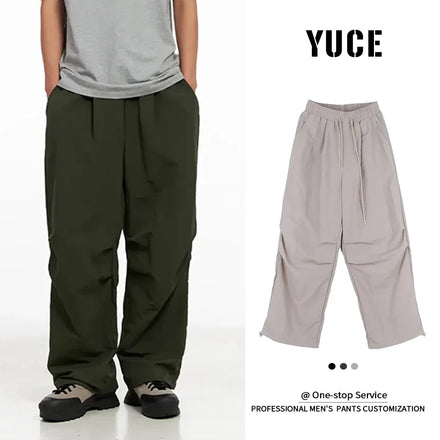 YUCE Factory Wholesale Wide Legs Parachute Trousers 100% Cotton City Boy Aesthetic Techwear Adjustable Elastic Band Men's Pants