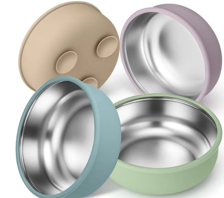 Solid Color Pure Color Anti-slip Stainless Steel Pet Bowl Silicone Strong Suction Feeding Bowls for Dog cat
