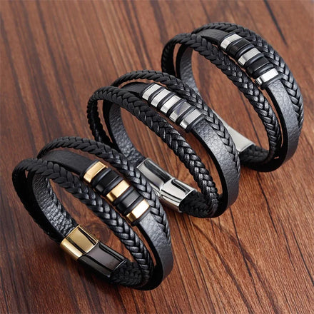 Hot Sale Woven Leather Jewelry Men's Trendy Minimalist Stainless Steel and Leather Bracelet with Charm Stylish Bracelets