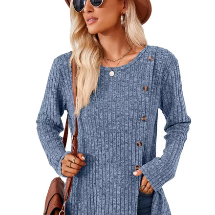 Women's Autumn/Winter New Style Ribbed Square Neck Puff Long-sleeve Split Sweater T-shirt Tops for Women Stylish