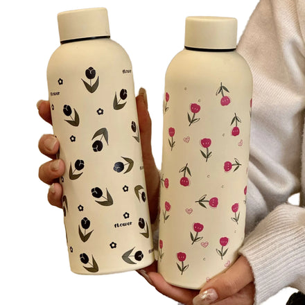 Cherry Bow Tulip Design 500ML Insulated Stainless Steel Thermos Mug Cute Small Mouth Vacuum for Hot Cold Beverages for Winter