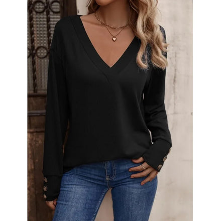 Women's Autumn/Winter New Style Solid Color V-neck Loose Long-sleeve T-shirt with Button Detail Top Tops for Women Stylish