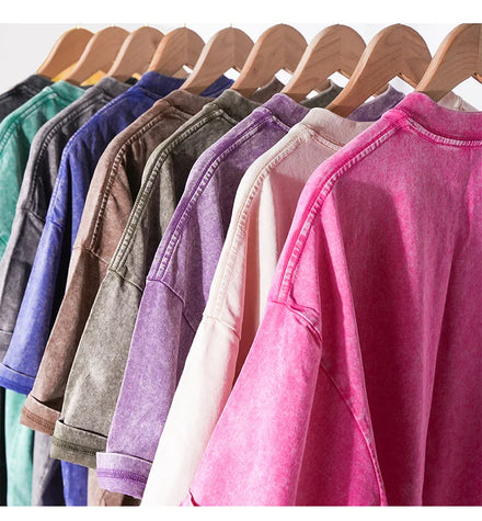 OEM custom logo embroidery printed design Plus size cross-border 230g washed pullover pure cotton heavy round neck t-shirt