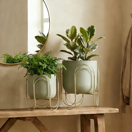 2PCS Green Color Planter Pots Metal Plant Stand Indoor Home Decorative Flower Pots for Corner Balcony Bedroom