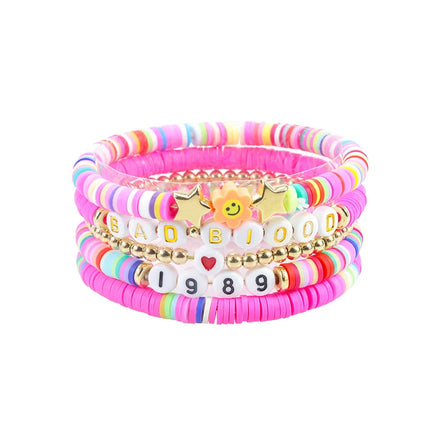 Taylor Unisex Hand-Designed Heart Stretch Acrylic Resin Beaded Friendship Bracelet with Bezel Setting Beach Wind Trendy Gift