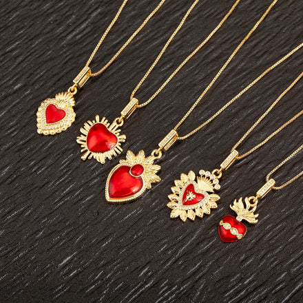 QIKU Romantic Sophisticated Red Heart Pendant Necklace Gold Plated Copper with Zircon Jewelry for Women