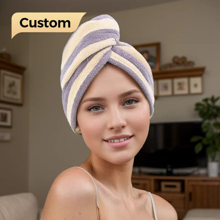 Microfiber Hair Turban Dry Towel Wrap Printed Woven Quick Drying Striped Pattern Customizable Logo Home Gift for All Ages