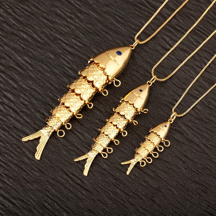 QIKU Unisex Gold Plated Fish Pendant Necklace Trendy Minimalist Ocean Inspired Fish Charm with Zircon for Anniversary