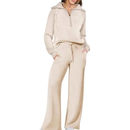 Women's New Autumn/Winter Fashion Casual Long-sleeve Drawstring Solid Color Commuter Pants One Set Women Clothing 100% Polyester