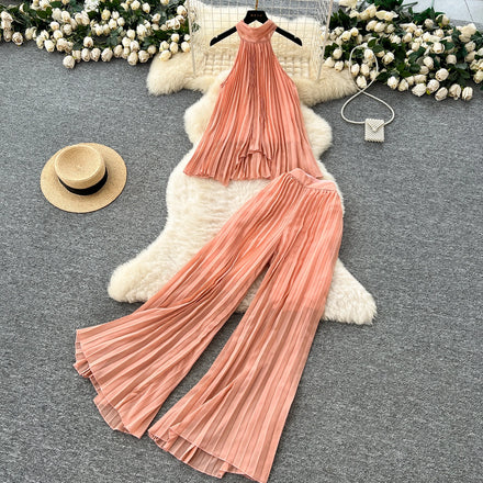 Women's Y2K Sets Halter Asymmetric Bandage Top And High Waist Pleated Set Jogging Suits Wholesale