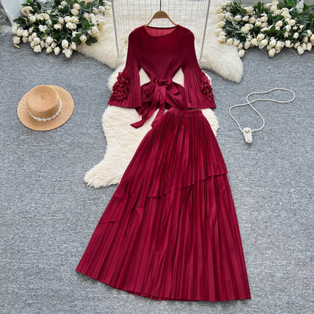 Women's Casual Sets Flare Sleeve Tunic Asymmetric Bandage Top And High Waist Slim Pleated Skirts Set American Clothing