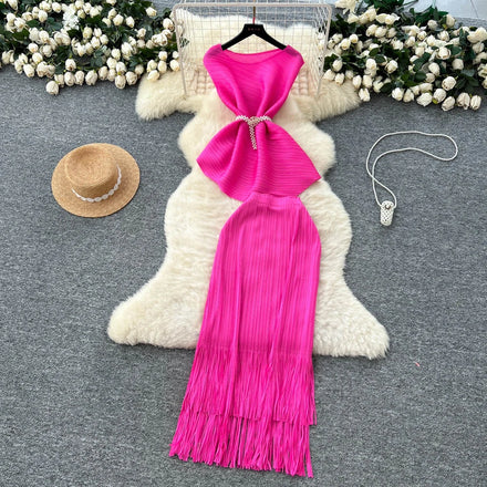 Summer Women's Casual Sets Sleeveless Tunic Asymmetric Bandage Top And Pleated Skirts Set American Clothing Wholesale