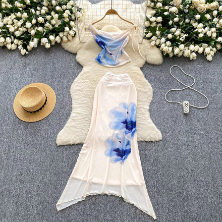 Summer Women's Casual Sets Swinging Collar Tube Top And High Waist Set Ropa Wholesale