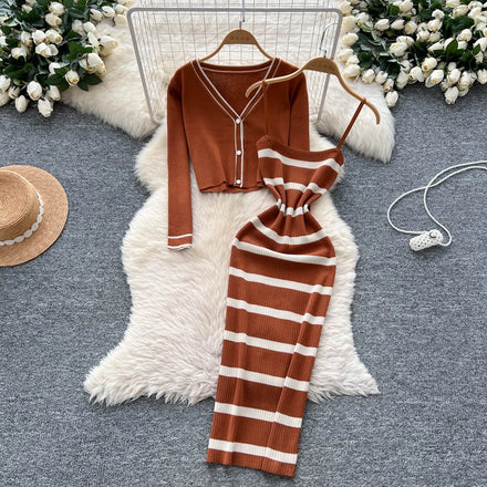 2025 Women's Casual Sets Top And Floral Printed Slim Knitted Knitted Dress Set Clothing Wholesale
