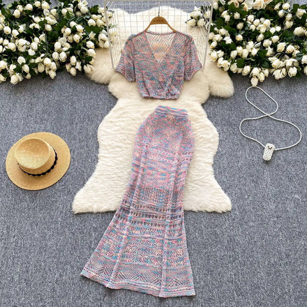 Summer Women's Sweet Sets Top And High Waist Slim Knitted Skirts Set Clothing Wholesale