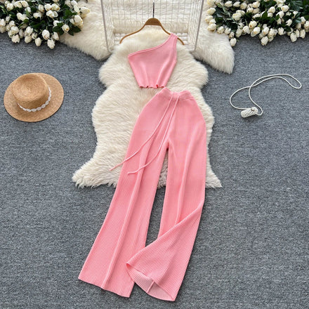 Summer Women's Casual Sport Sets One-shoulder Sleeveless Top And High Waist Knitted Set Jogging Suits Wholesale