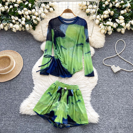 Summer Women's Casual Sets O-Neck Asymmetric Bandage Top And Tie Dye Mesh Shorts Set Jogging Suits Wholesale