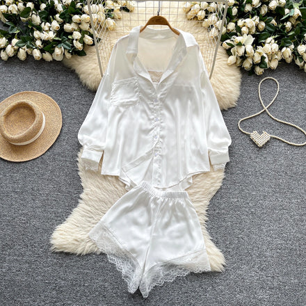 Summer Women's Casual Sets Top And Elastic Waist Patchwork Silk Shorts Set Clothing Wholesale