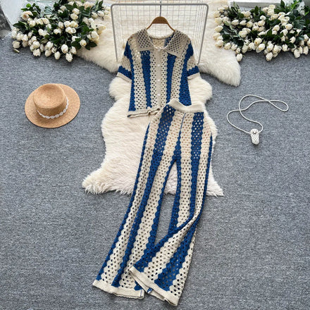 Women's Korean Sets Top And High Waist Knitted Pants Set Ropa Wholesale