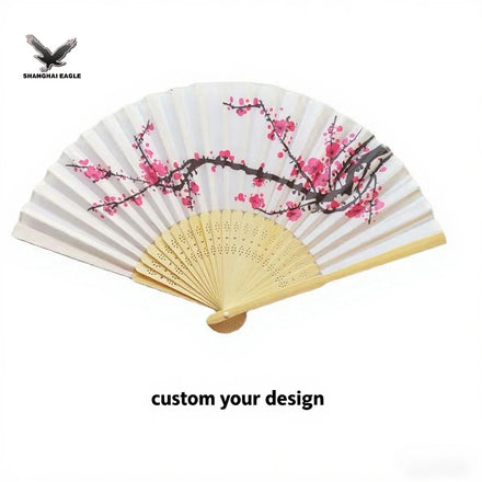 Japanese White Satin Floral Design Hand Fan Bamboo Frame Folk Art Carved Wedding Souvenirs