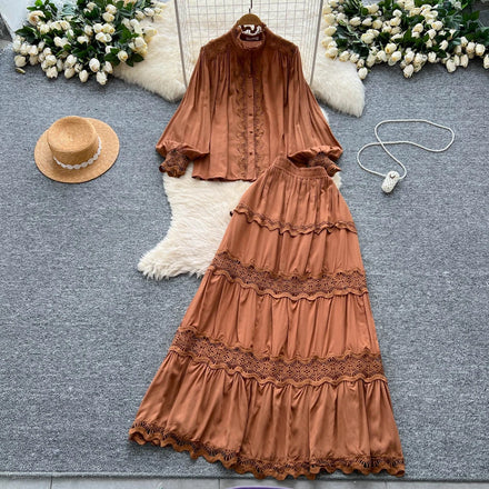 Roman 2 Piece Set for Women Lantern Sleeve Top And High Waist Patchwork Lace Skirts Set Ropa Wholesale