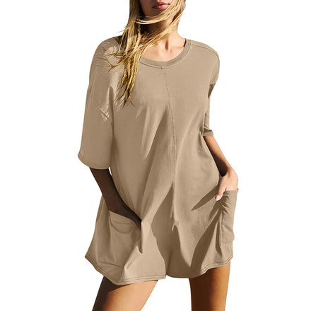 Summer New - Style Women's Short - Sleeve Backless V - Neck Loose - Fit Casual Jumpsuit with Pockets Women's Fashion Clothing