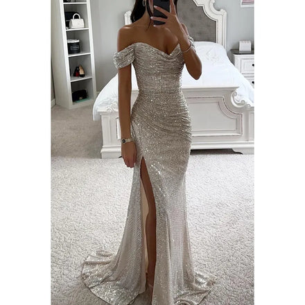 2025 New Sequin One-shoulder Split Dress for Party INS Casual and Stylish Dress for Women Women's Fashion Clothing