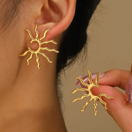 Beautifully Unique and Individual Designs Blazing Sun Sculpted Stainless Steel Stud Earrings for Women Jewelry Daily Wear