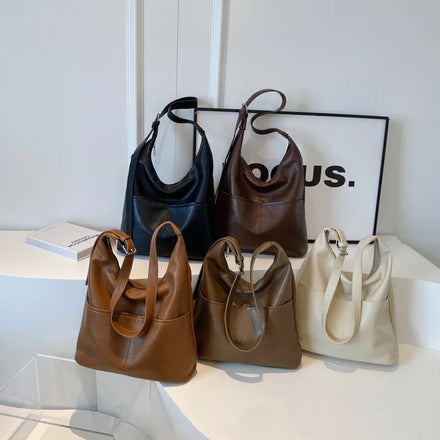 Large Capacity Bucket Bag Retro Versatile Single Shoulder Leather Hobo HandBags Ladies Casual