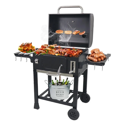 Large Cooking Area Charcoal Smoker BBQ Grill Trolley with Folding Table Steel & Iron Powder Coated Remote Control Cast Iron Grid