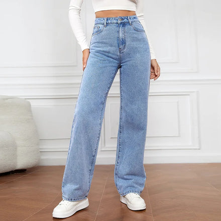 2025 New European and American High-waisted Washed Women's Jeans Long-length Fashionable and Versatile Straight-leg Pants
