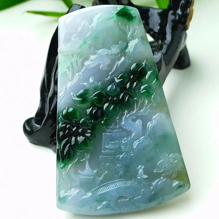 Myanmar a Type Carved Character Brand Jade white Pendant Full of white Green Landscape white Pendant