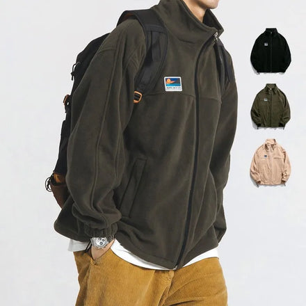 RNSHANGER Japanese Lamb Wool Jacket Fleece Sweatshirt Men's Autumn Couple Stand Collar Flocking Student Outerwear Casual Jacket