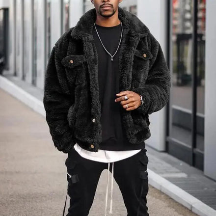 RNSHANGER Autumn Loose Style Men's Plush Jacket Fashion Casual Fluffy Warm Coat Male Solid Tops Loose Male Thermal Jacket