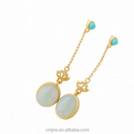 Inlaid Natural Jadeite Ancient Gold Earrings Classical Long Tassel 925 Sterling Silver Earrings