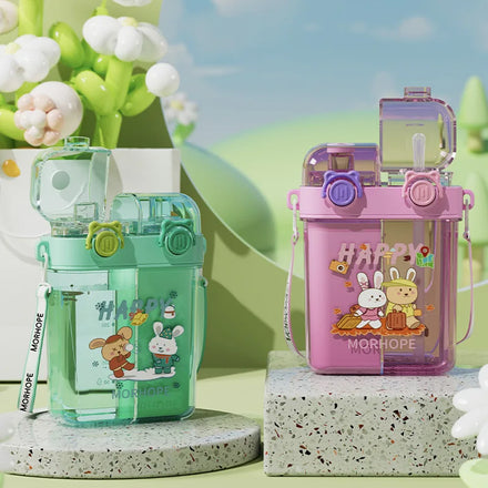 Cartoon Double-Layer Straw Drinking Cups Food-grade Plastic Sports Water Bottle for Kids for Back to School