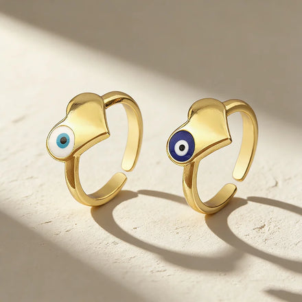 QIKU Personalized Heart with Eye Adjustable Copper Gold Plated Ring for Women and Men Creative Daily Wear and Unique Gift